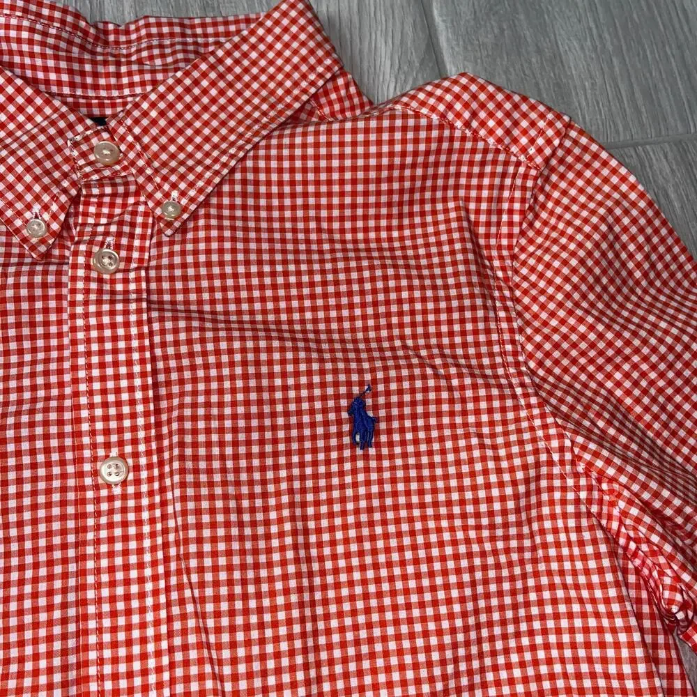 Ralph Lauren Boy's LG Orange & White Gingham Long Sleeve Dress Shirt